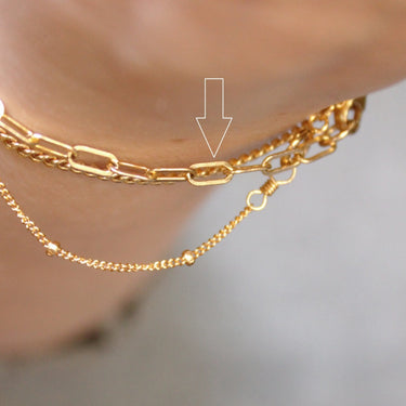 Fine Paperclip Chain Bracelet | Magpie Jewellery | Yellow Gold | On Model | Layered with Satellite and Curb Chain Bracelets