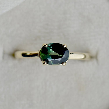 Horizontal Set Oval Deep Teal Sapphire Ring
