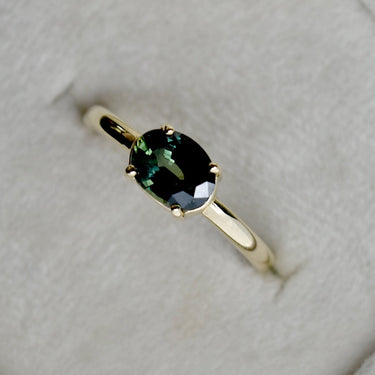 Horizontal Set Oval Deep Teal Sapphire Ring