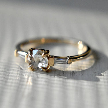 Rose-Cut White Diamond Engagement Ring with Tapered Baguette Accents - Magpie Jewellery