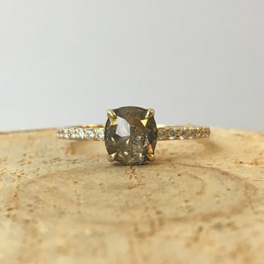  Yellow Gold Ring w/ .78ct Salt & Pepper Rose Cut Cushion Diamond